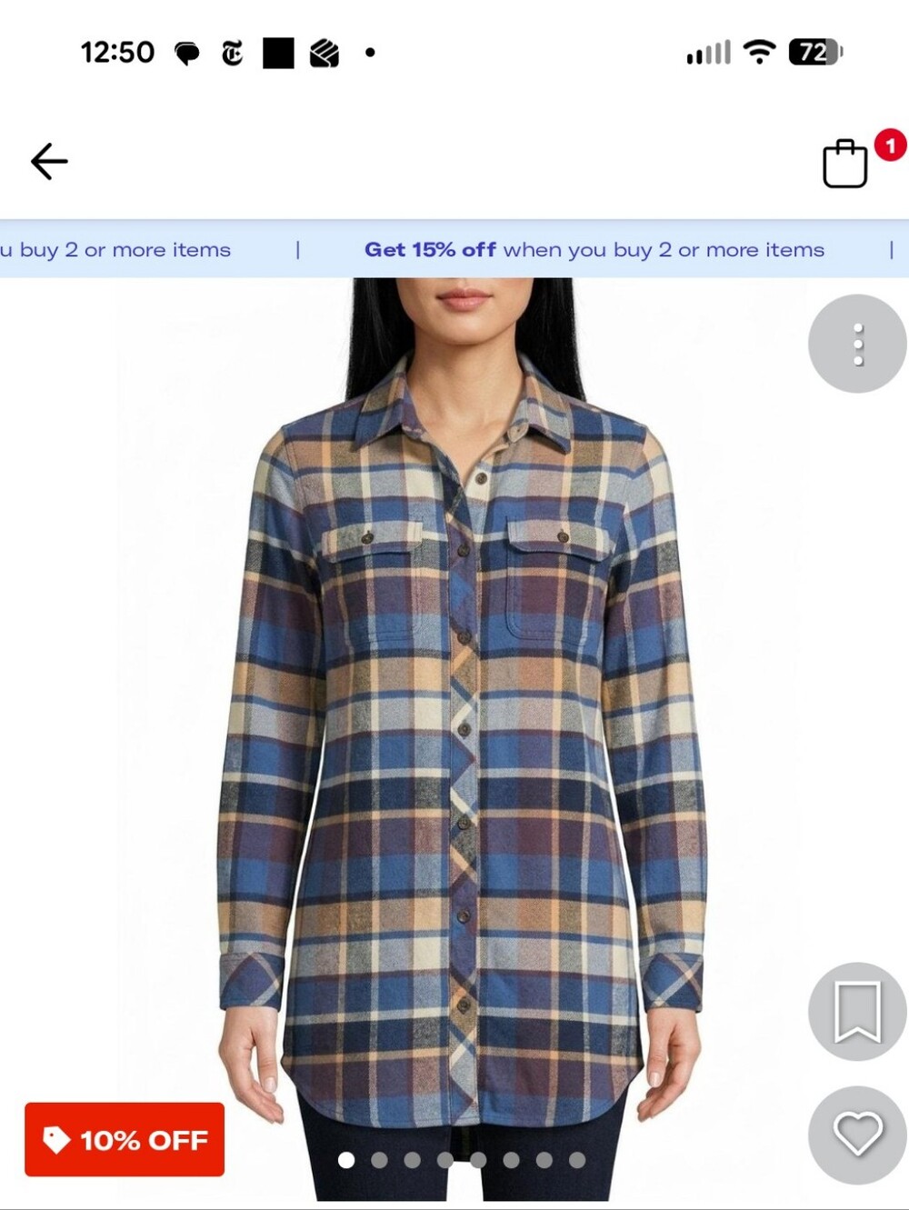 Plaid Button-Front Tunic Shirt - Blue and Tan
